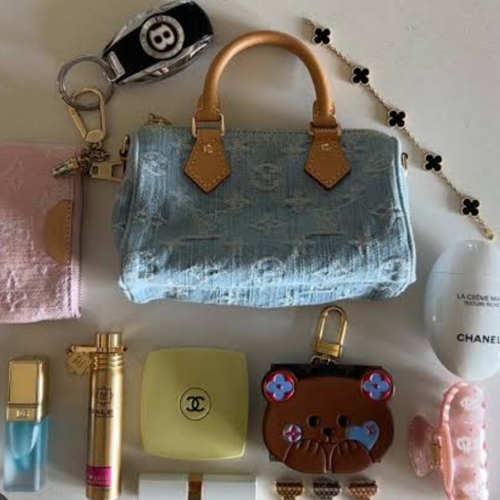 Blue Denim Monogram Micro Mini Bag with Tan Leather Trim - Picture 9 of 14